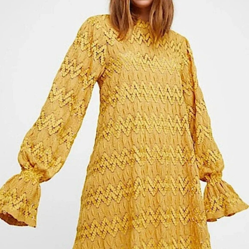 Free People Simone Lace Mini Dress in Mustard.  SZ S - Picture 2 of 4